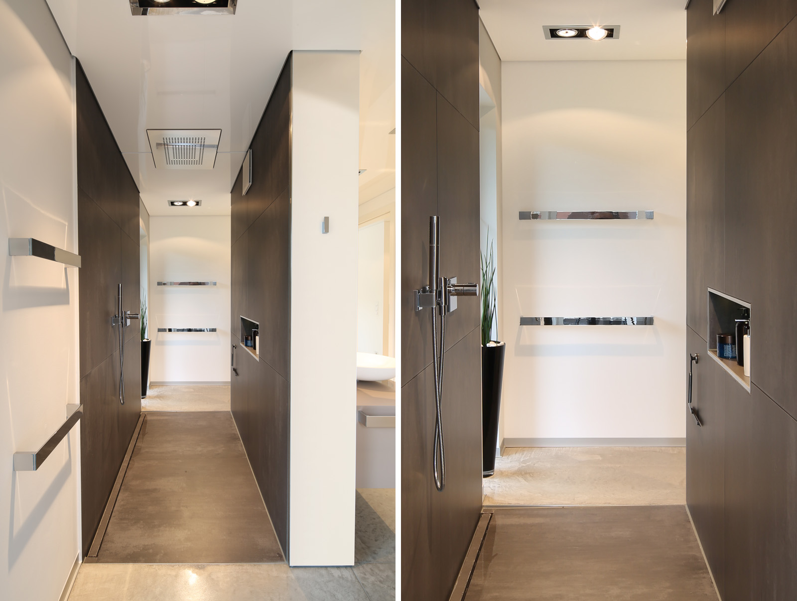 Haus am See – Garderobe mit dunklen Holzpaneelen und Einbauschränken