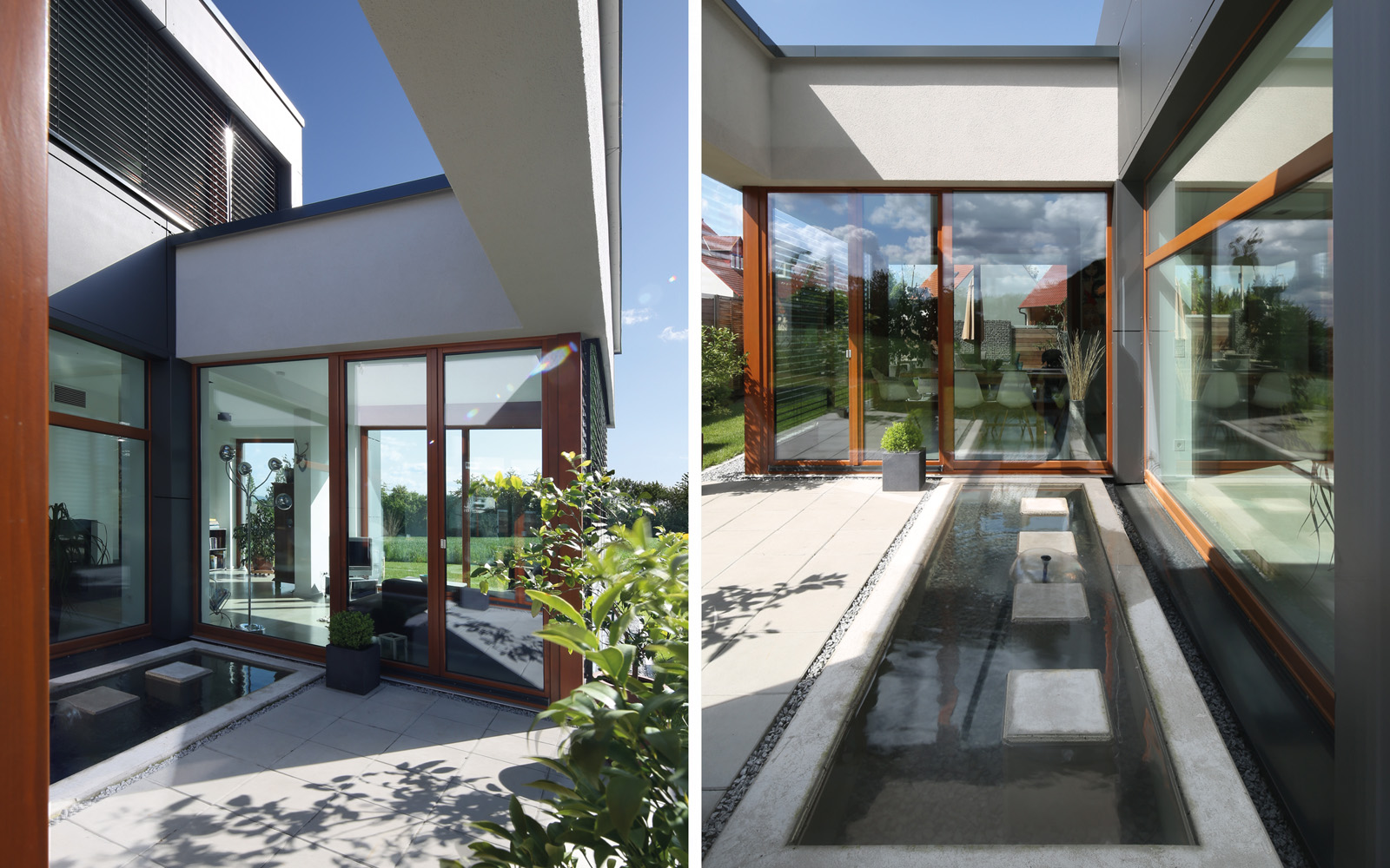 Aus- und Einblick – Innenhof mit Wasserbecken und Eckverglasung