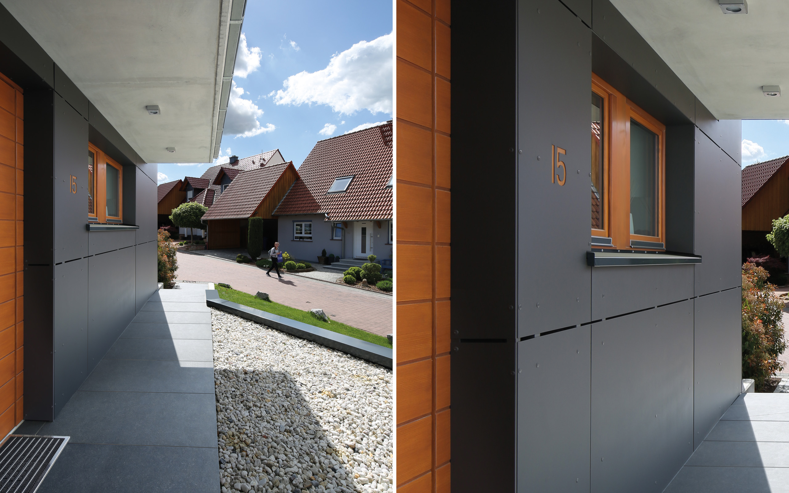 Aus- und Einblick – überdachter Hauszugang mit dunklen Fassadenplatten